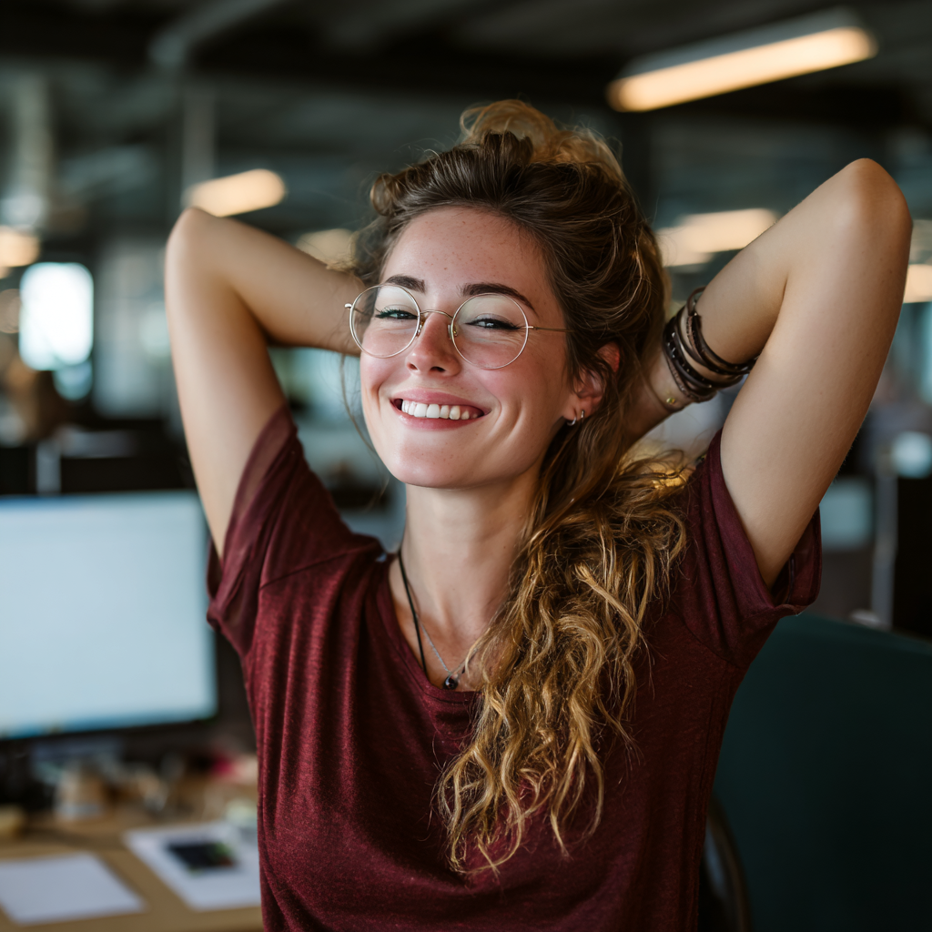 Усмихната жена на средна възраст с европейска външност, практикуваща йога на открито в спокойна поза, със светло небе на заден план