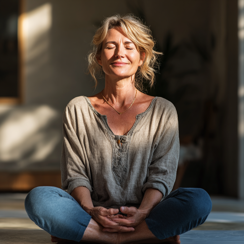 Група усмихнати хора с европейска външност на различна възраст, практикуващи йога заедно в светла зала