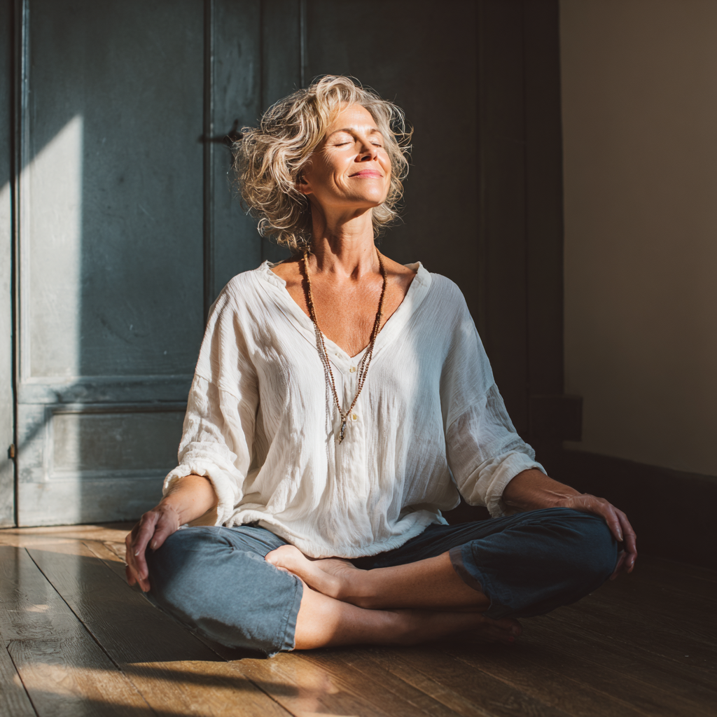 Щастлива жена с европейска външност, praktикуваща йога в студио с широка усмивка